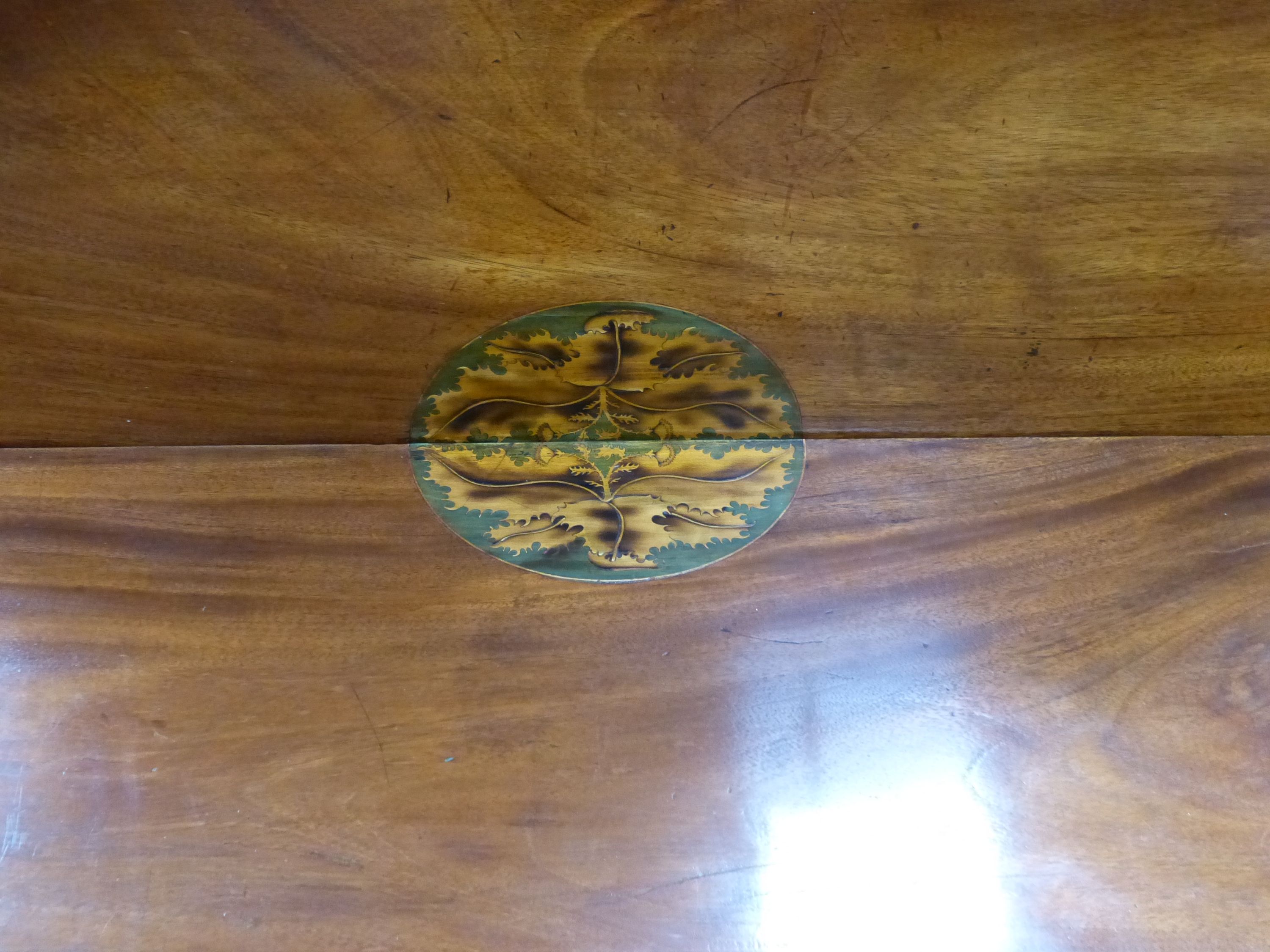 A George III inlaid demi lune folding tea table, width 93cm, depth 46cm, height 73cm